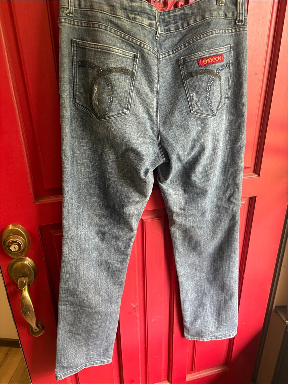 Sasson 14 Blue Washed Straight Jeans with Back Pocket Embellishment